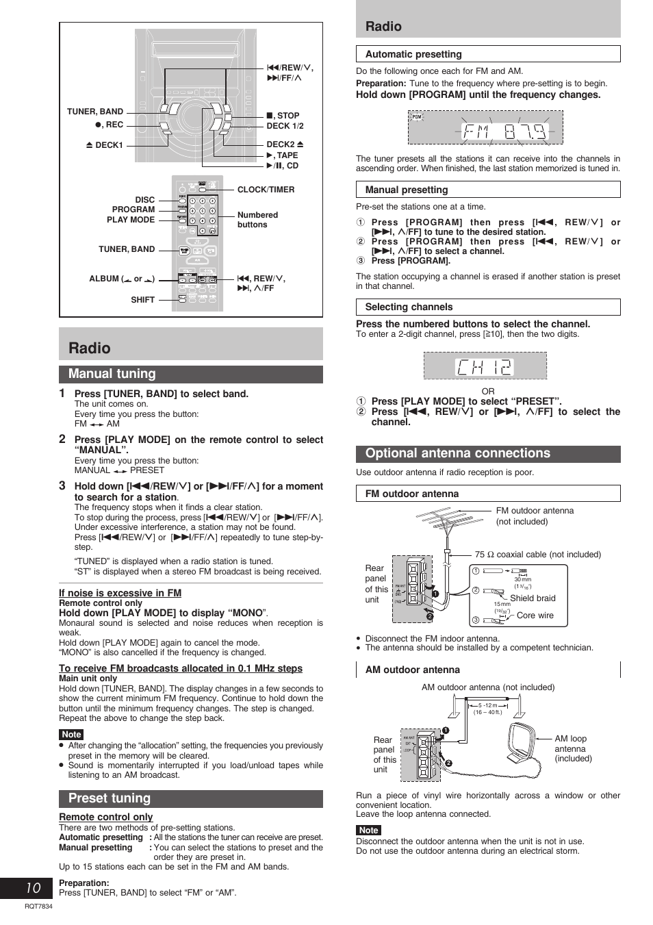 Radio, Manual tuning, Radio optional antenna connections | Preset tuning | Panasonic RQT7834-3P User Manual | Page 10 / 16