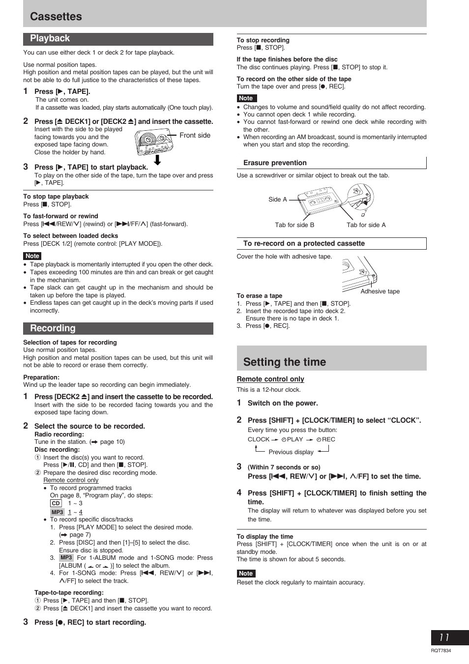 Cassettes, Setting the time, Playback recording | Panasonic RQT7834-3P User Manual | Page 11 / 16
