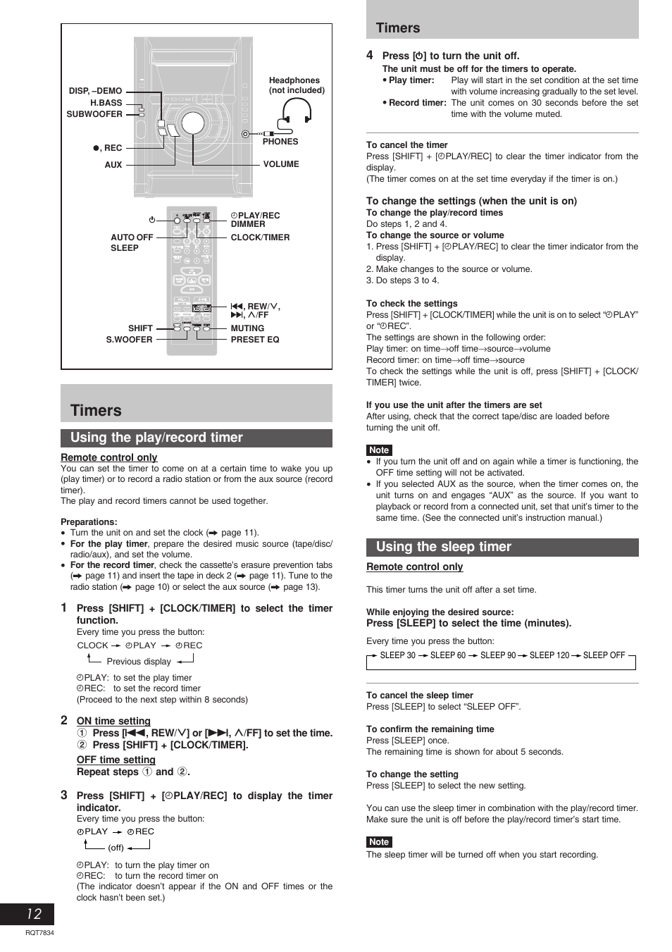 Timers, Using the play/record timer, Using the sleep timer | Panasonic RQT7834-3P User Manual | Page 12 / 16