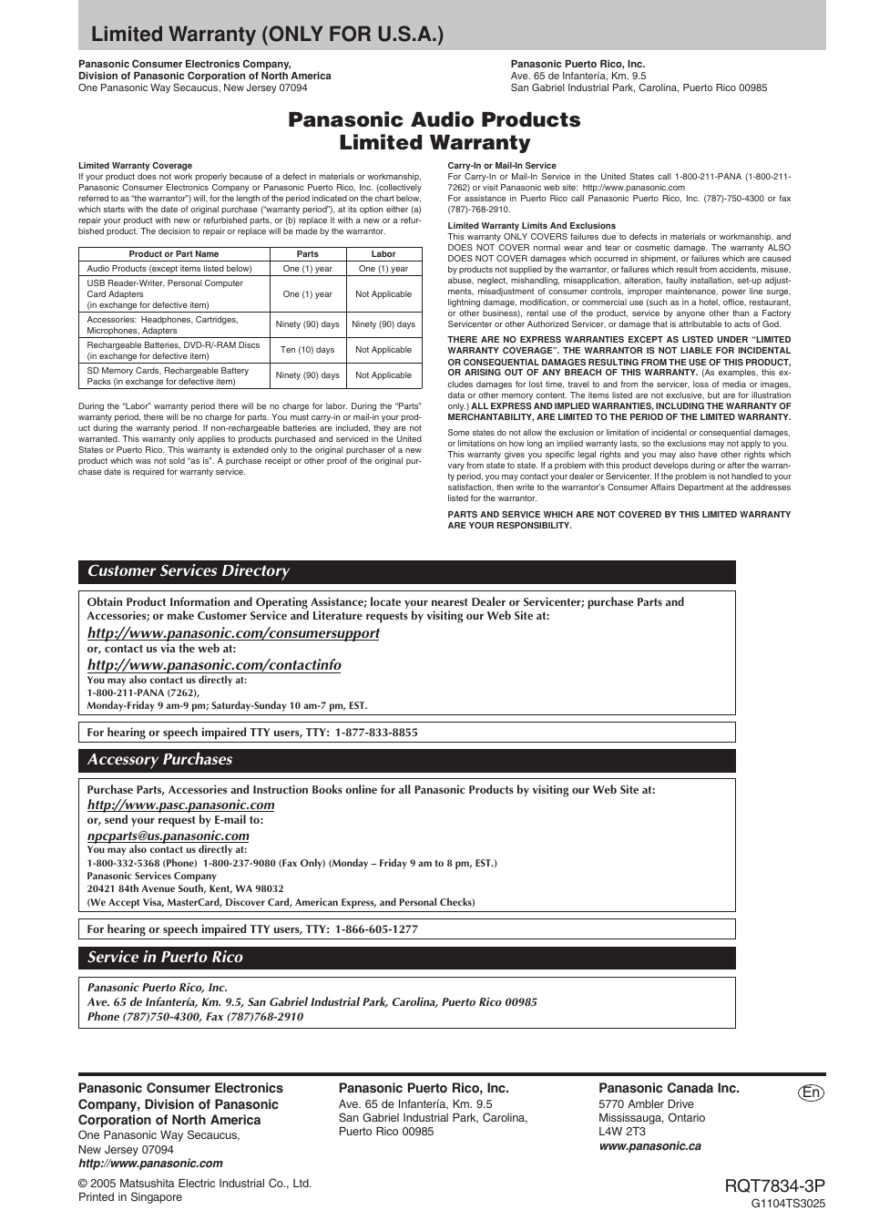 Limited warranty (only for u.s.a.), Panasonic audio products limited warranty, Customer services directory accessory purchases | Service in puerto rico | Panasonic RQT7834-3P User Manual | Page 16 / 16