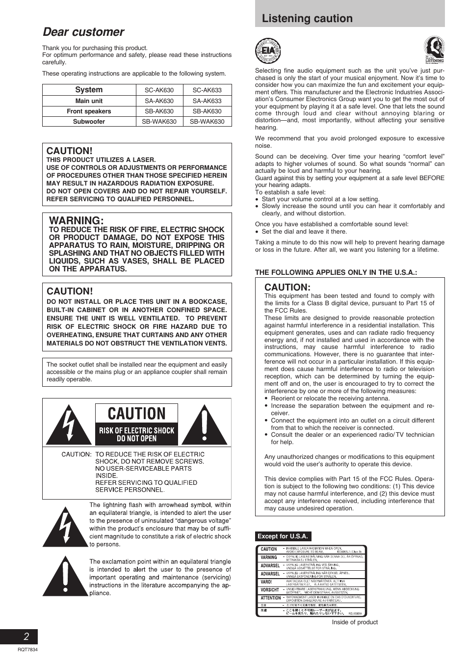 Listening caution, Dear customer, Warning | Caution | Panasonic RQT7834-3P User Manual | Page 2 / 16