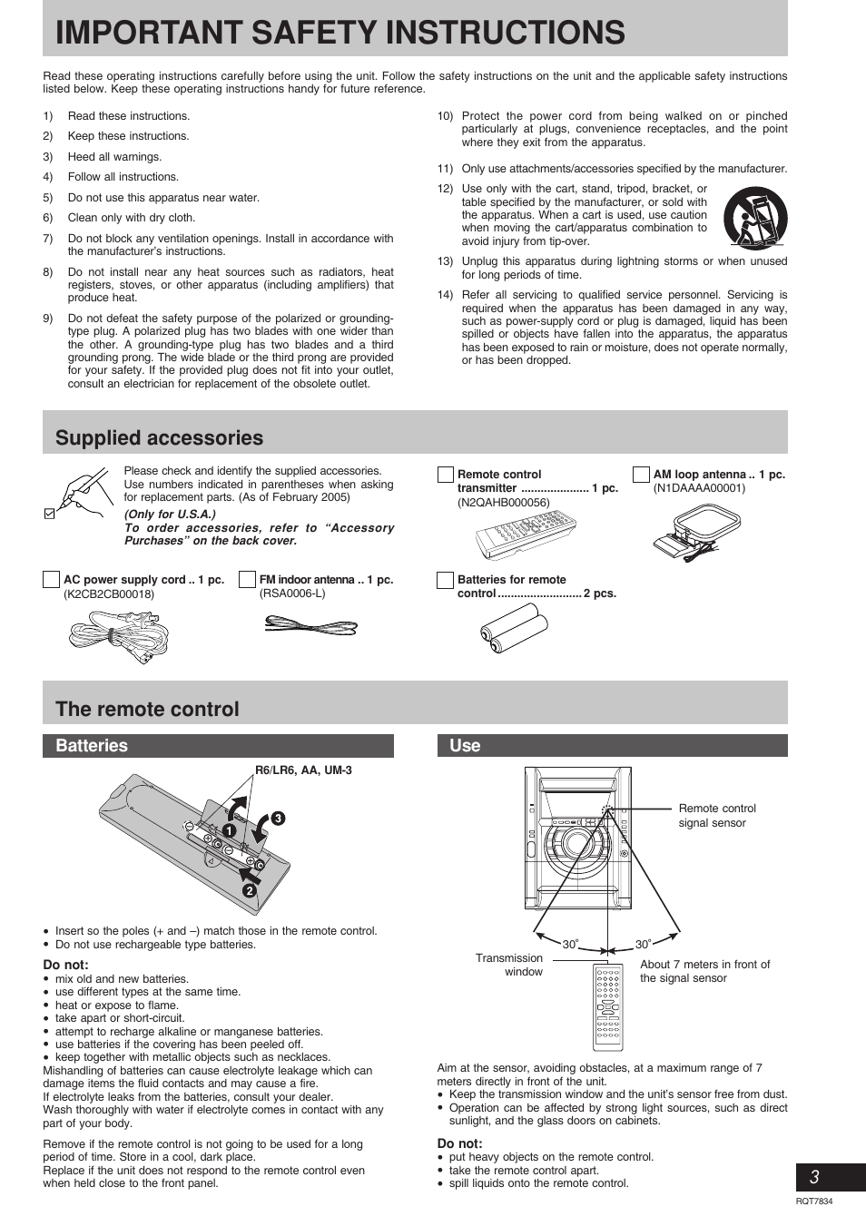 Important safety instructions, Supplied accessories, The remote control | Batteries | Panasonic RQT7834-3P User Manual | Page 3 / 16