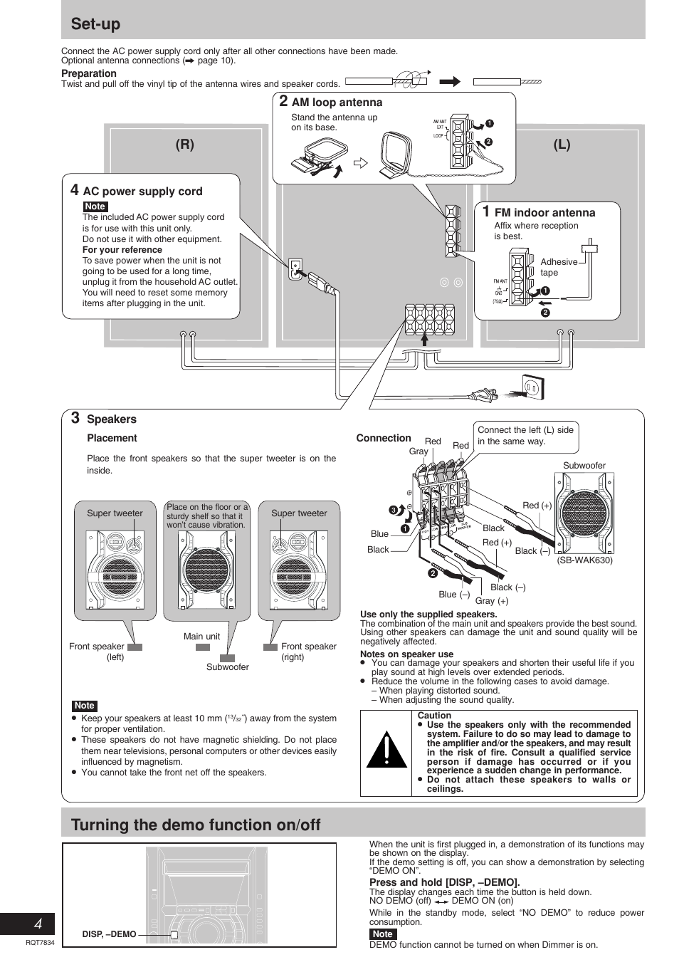 Set-up, Turning the demo function on/off, 4(r) (l) | Panasonic RQT7834-3P User Manual | Page 4 / 16