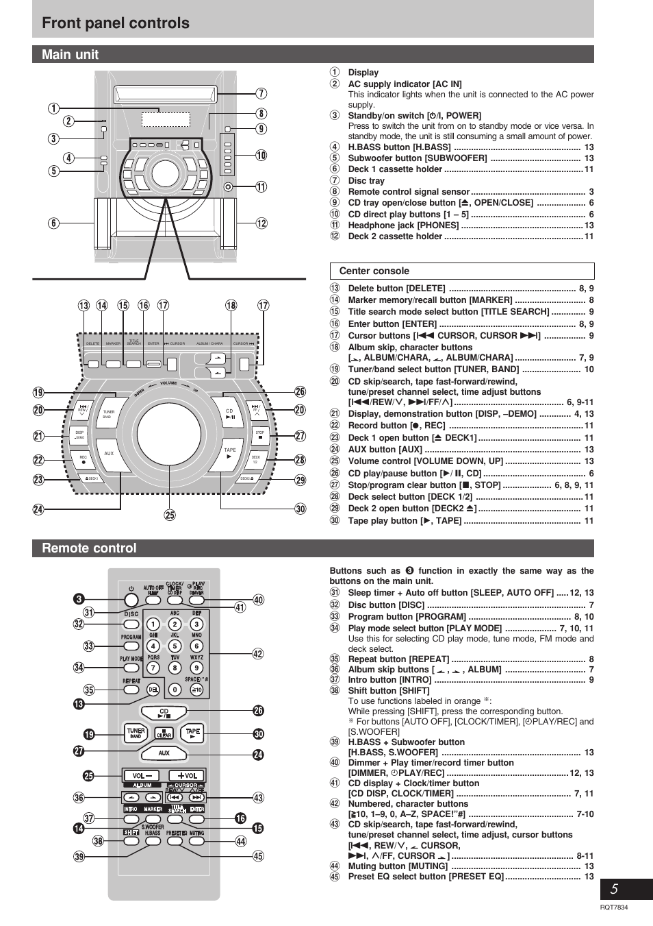 Front panel controls, Main unit remote control | Panasonic RQT7834-3P User Manual | Page 5 / 16