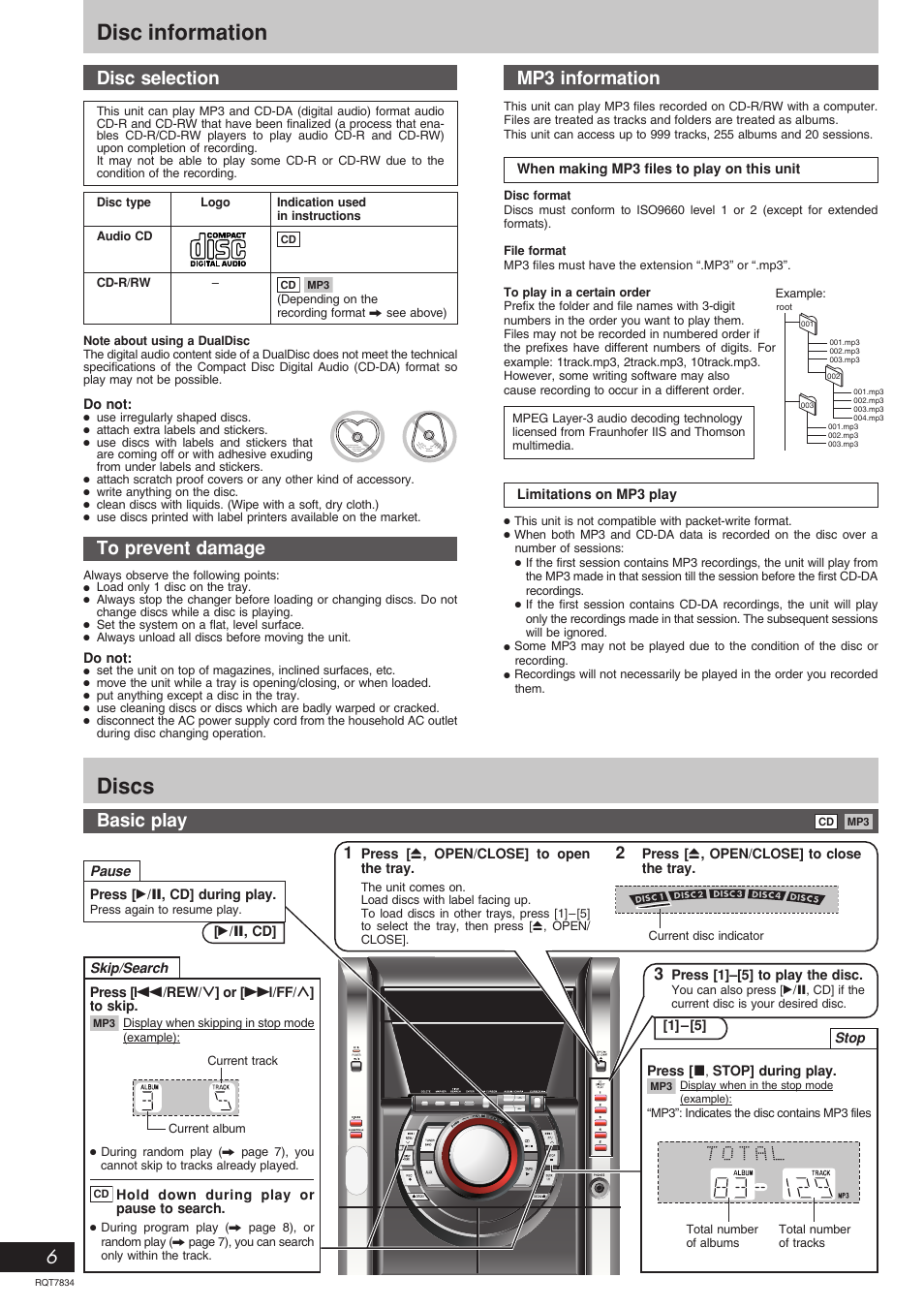 Disc information, Discs, Basic play | Disc selection, Mp3 information | Panasonic RQT7834-3P User Manual | Page 6 / 16
