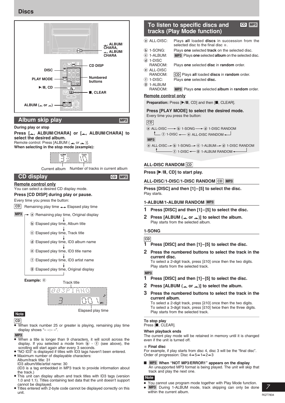 Album skip play, Cd display, Discs album skip play | Tracks (play mode function) | Panasonic RQT7834-3P User Manual | Page 7 / 16