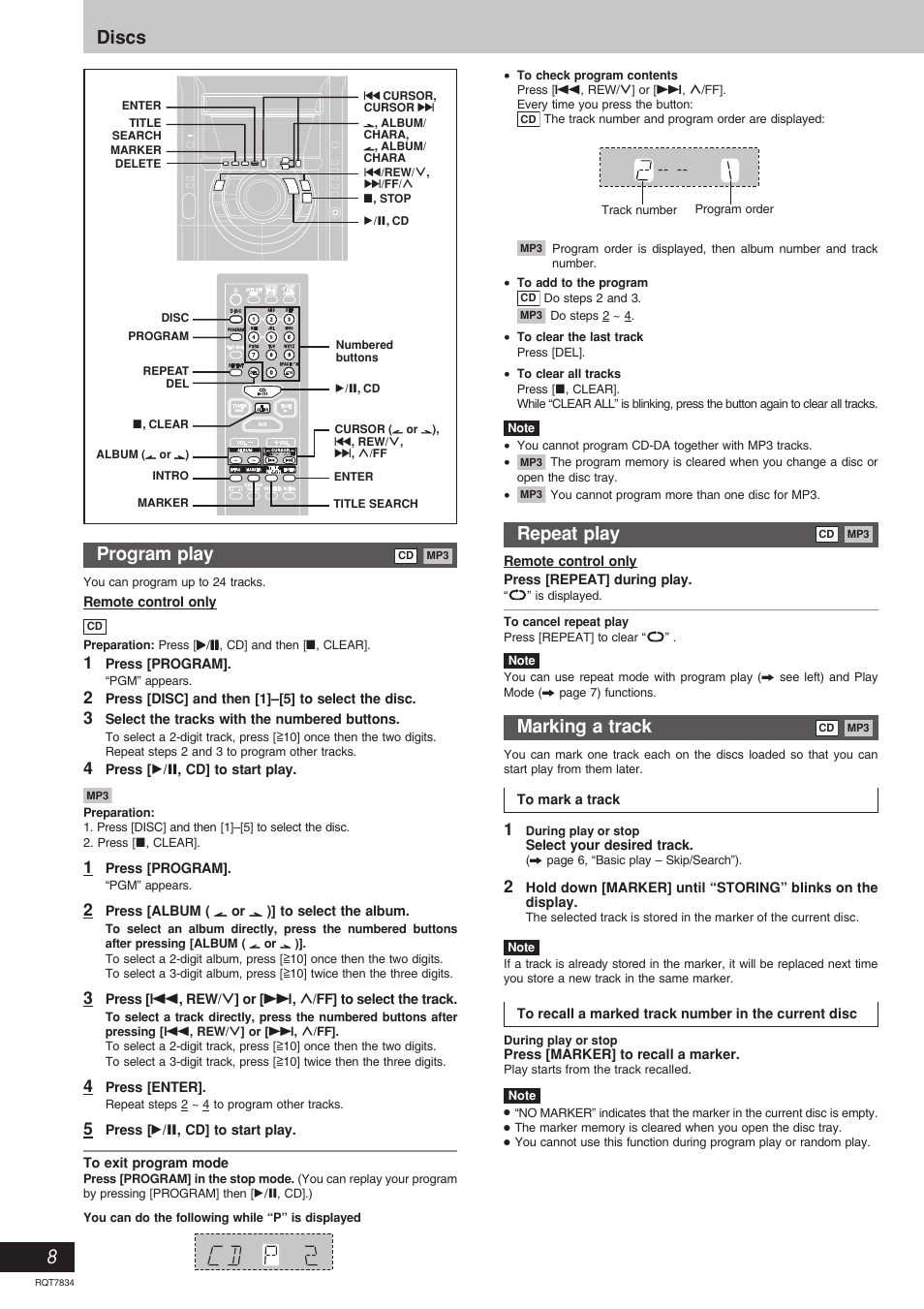 Program play, Repeat play, Marking a track | Discs repeat play | Panasonic RQT7834-3P User Manual | Page 8 / 16