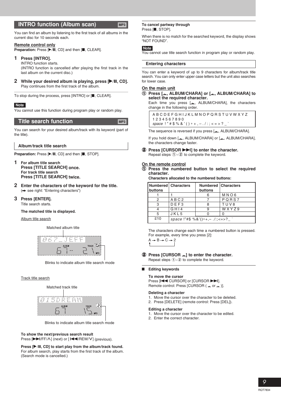 Intro function, Title search function, Intro function (album scan) | Panasonic RQT7834-3P User Manual | Page 9 / 16