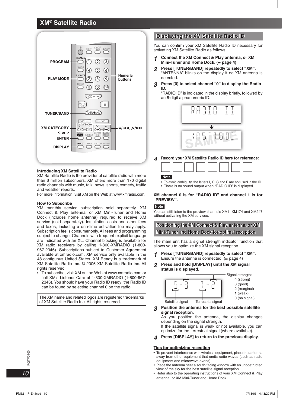 Xm satellite radio, 10 xm, Satellite radio | Displaying the xm satellite radio id | Panasonic SC-PM321 User Manual | Page 10 / 24