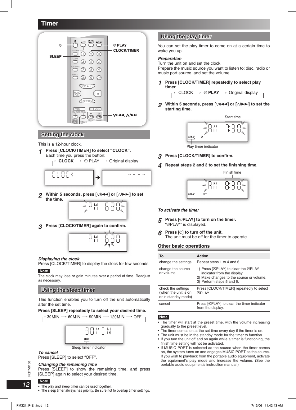 Timer, Setting the clock, Using the sleep timer | Using the play timer | Panasonic SC-PM321 User Manual | Page 12 / 24