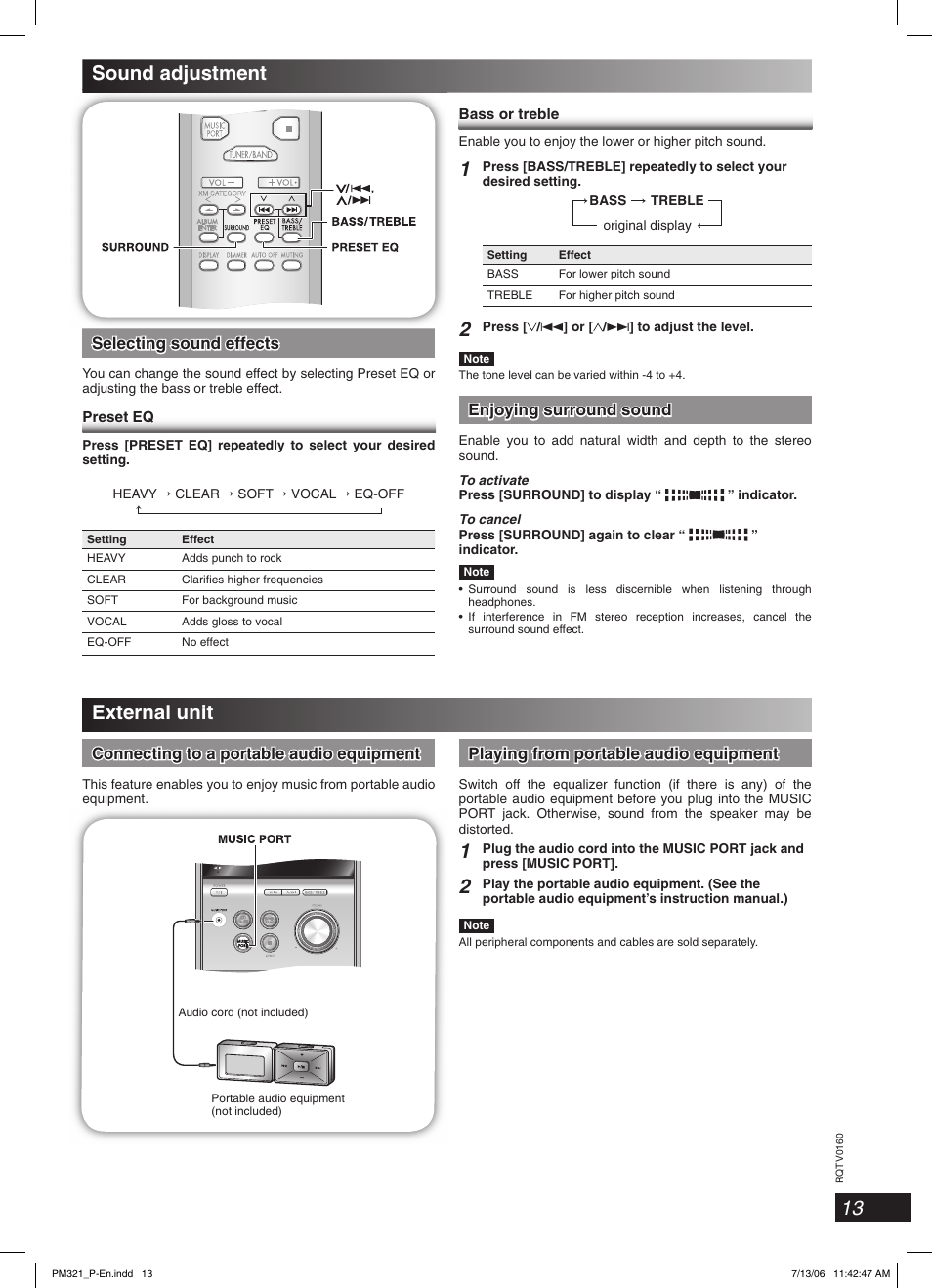 Sound adjustment, External unit, 13 sound adjustment | Selecting sound effects, Enjoying surround sound, Playing from portable audio equipment, Connecting to a portable audio equipment | Panasonic SC-PM321 User Manual | Page 13 / 24