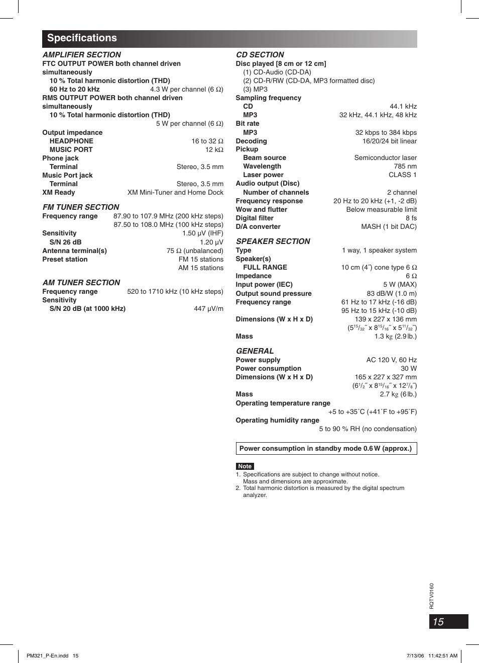 Specifications, 15 specifi cations | Panasonic SC-PM321 User Manual | Page 15 / 24