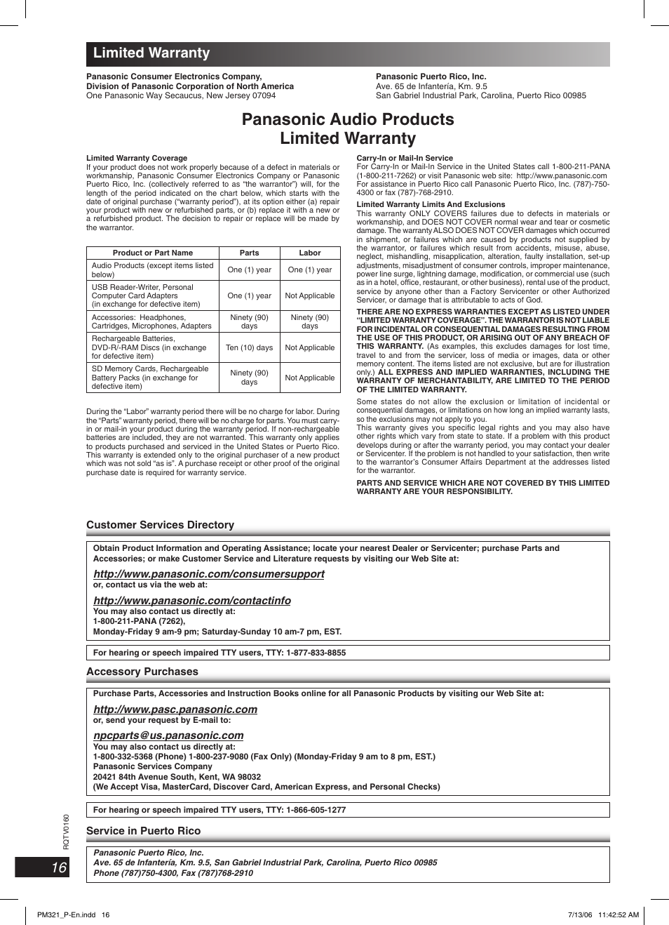 Limited warranty, Panasonic audio products limited warranty, 16 limited warranty | Panasonic SC-PM321 User Manual | Page 16 / 24