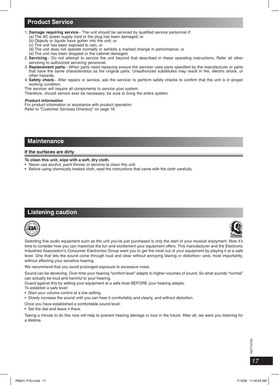 Product service, Maintenance, Listening caution | 17 product service | Panasonic SC-PM321 User Manual | Page 17 / 24
