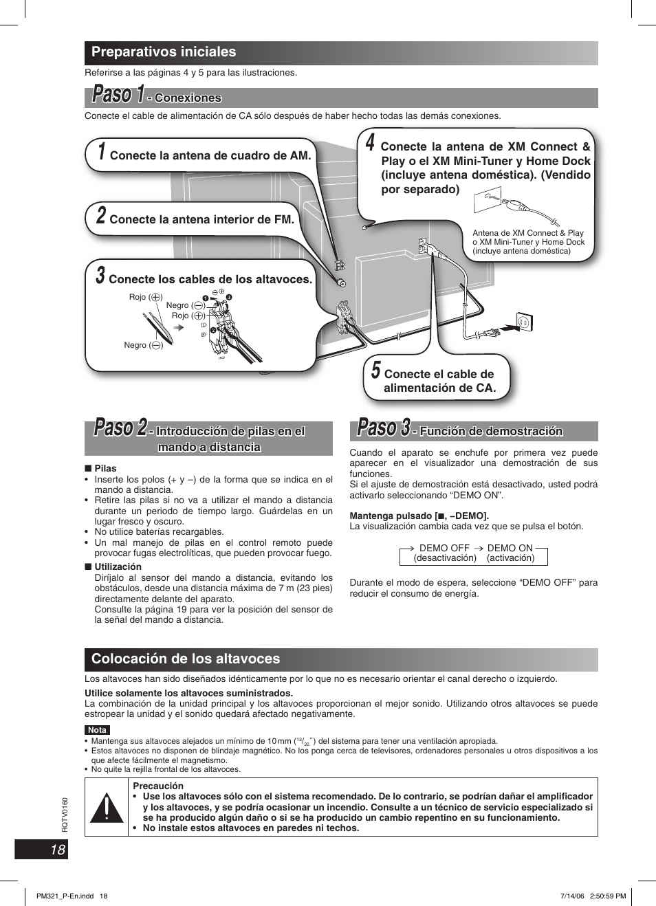 Espanol, Preparativos iniciales, Colocacion de los altavoces | Paso paso 11, Paso paso 2 2, Paso 3, 18 preparativos iniciales, Colocación de los altavoces | Panasonic SC-PM321 User Manual | Page 18 / 24