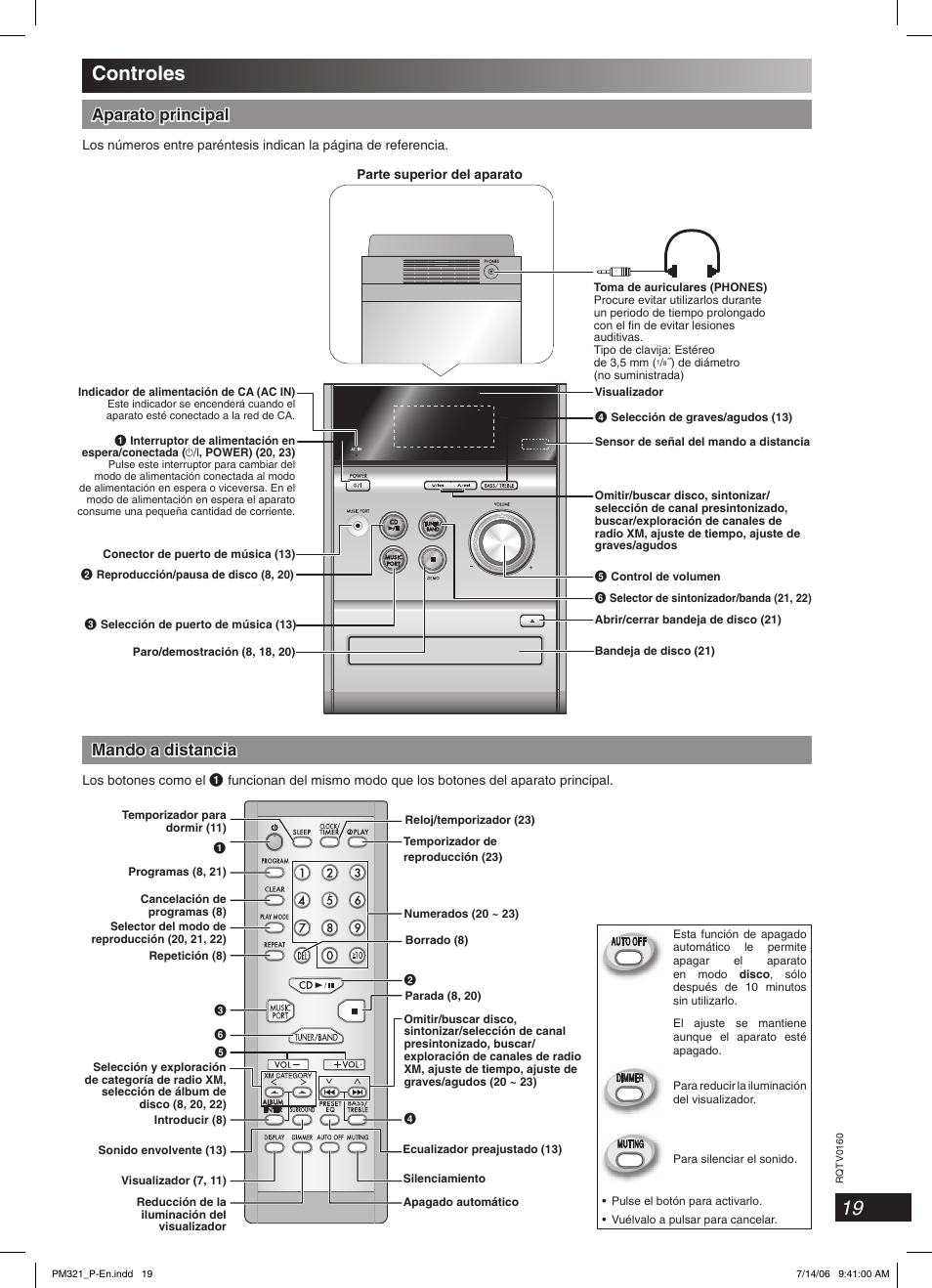 Controles, 19 controles, Aparato principal | Mando a distancia | Panasonic SC-PM321 User Manual | Page 19 / 24