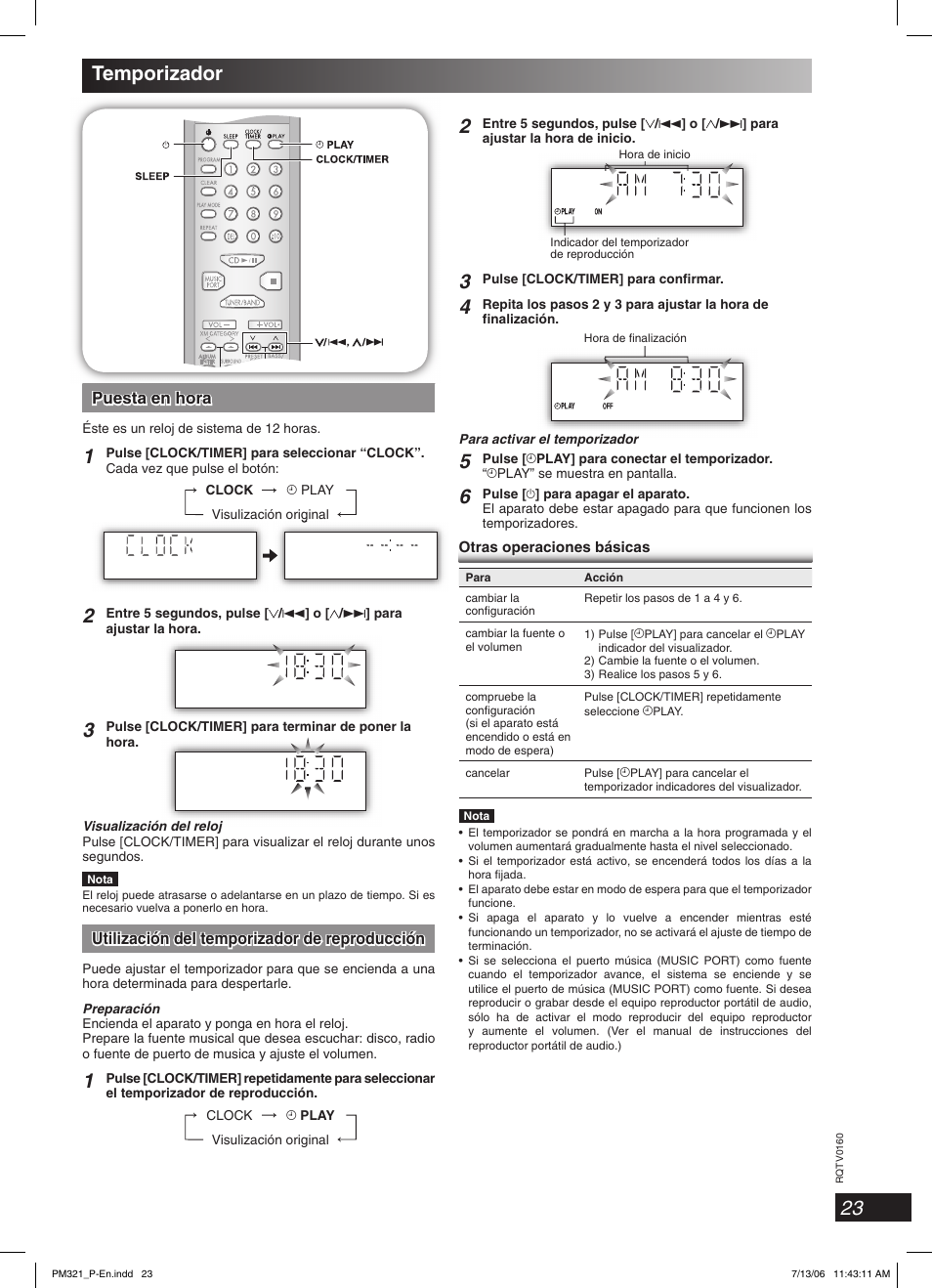 Temporizador, Puesta en hora, Utilización del temporizador de reproducción | Panasonic SC-PM321 User Manual | Page 23 / 24