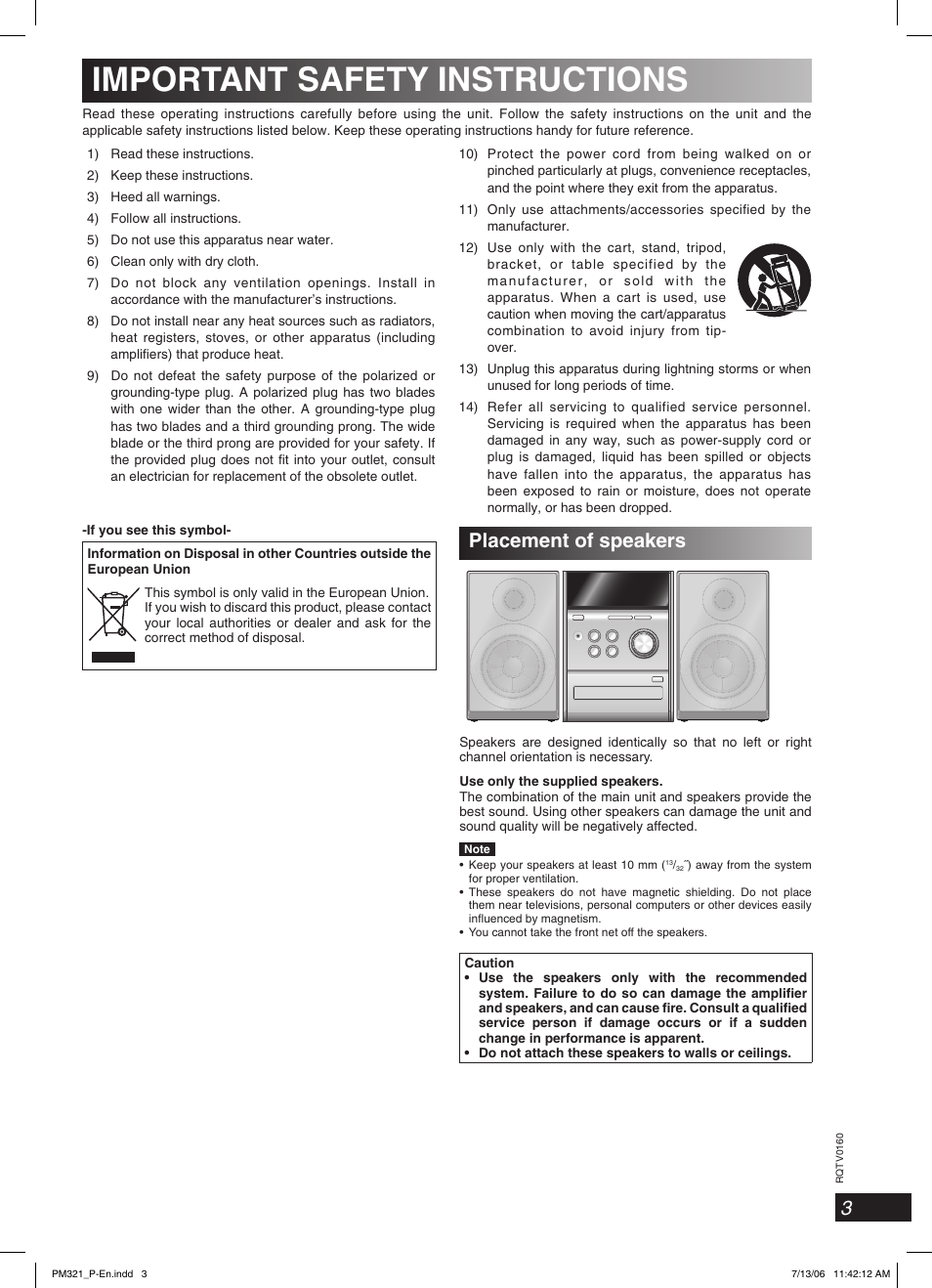 Important safety instructions, Placement of speakers | Panasonic SC-PM321 User Manual | Page 3 / 24