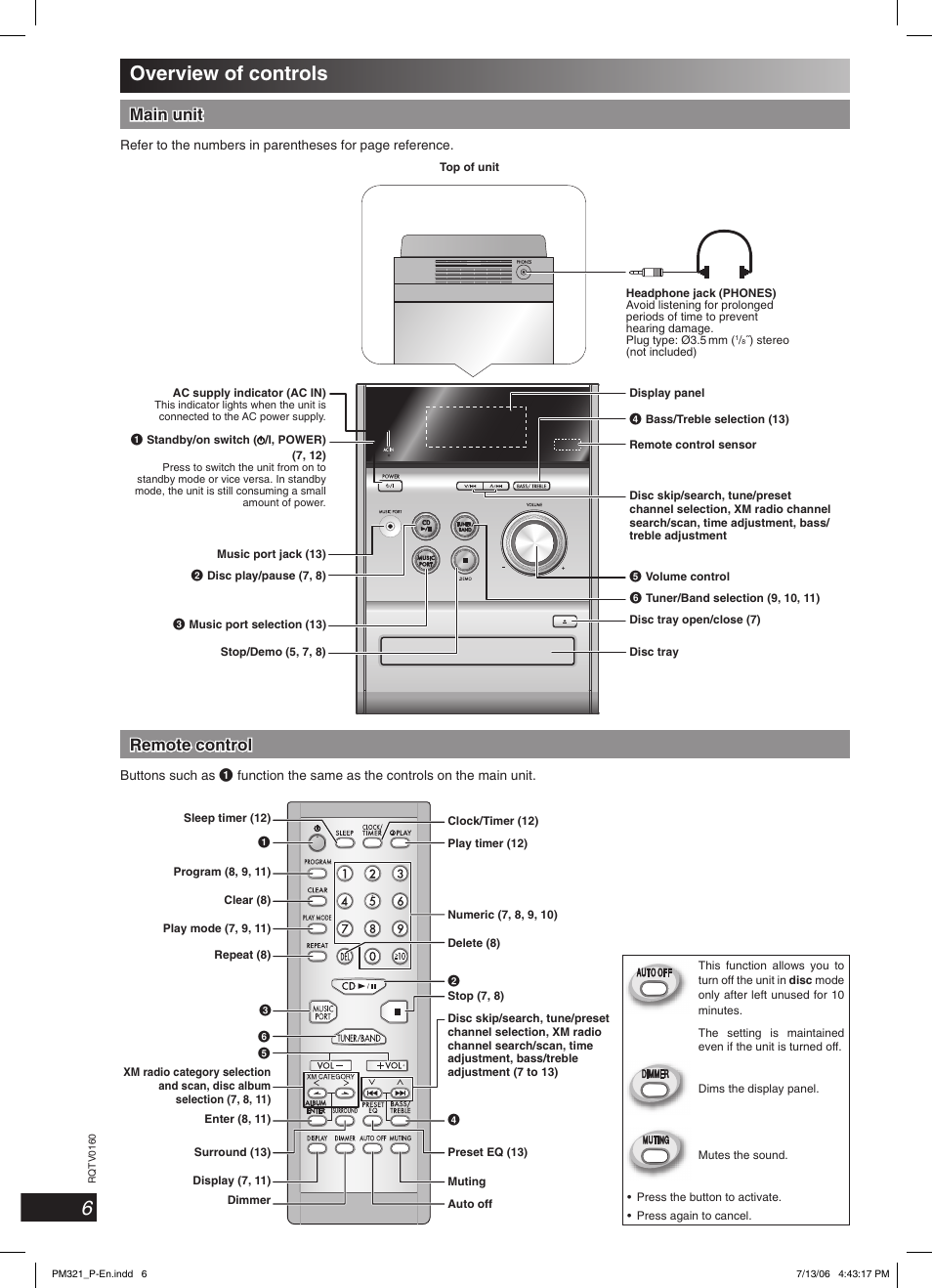 Overview of controls, 6overview of controls, Main unit | Remote control | Panasonic SC-PM321 User Manual | Page 6 / 24