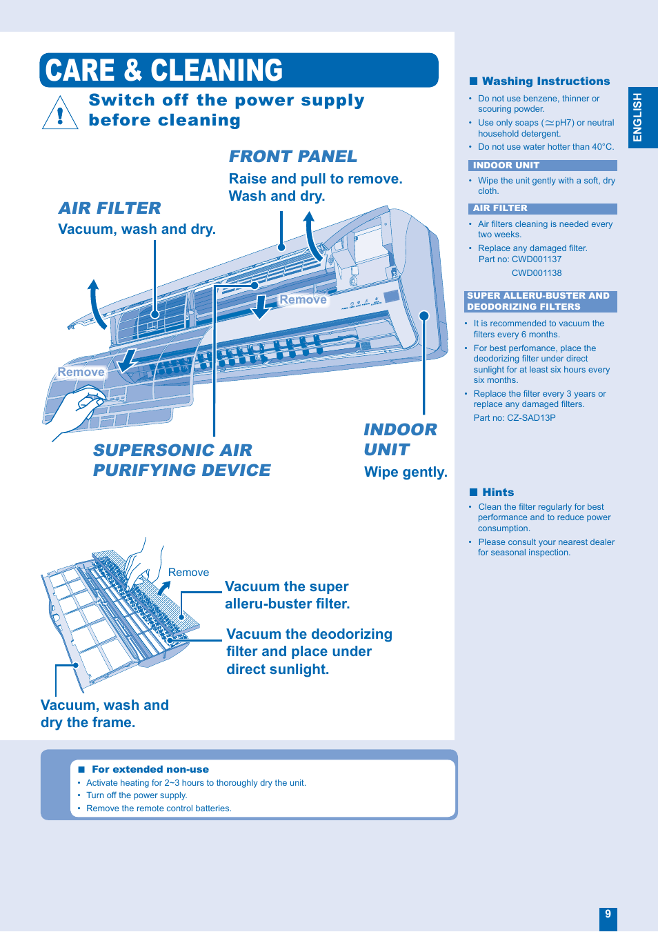 Care & cleaning, Switch off the power supply, Air filter | Panasonic CU-E28FKR User Manual | Page 9 / 12