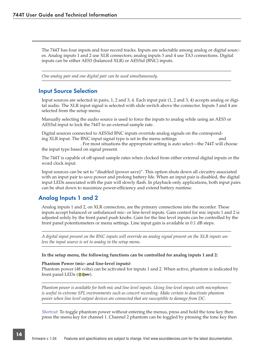 Input setup and control, Input source selection, Analog inputs 1 and 2 | Panasonic 744T User Manual | Page 16 / 64