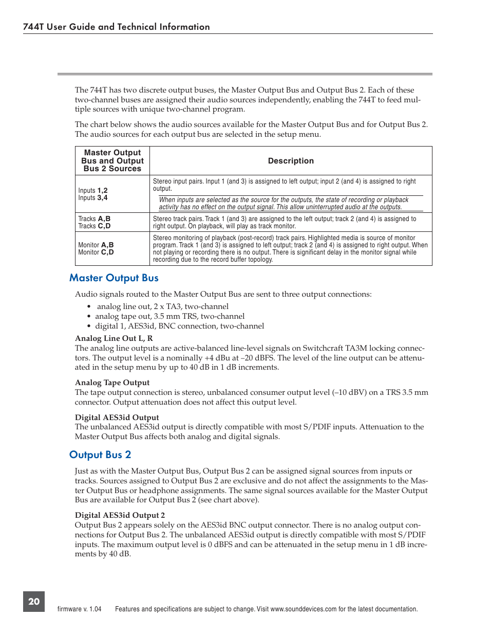 Outputs – analog and digital, Master output bus, Output bus 2 | Panasonic 744T User Manual | Page 22 / 64