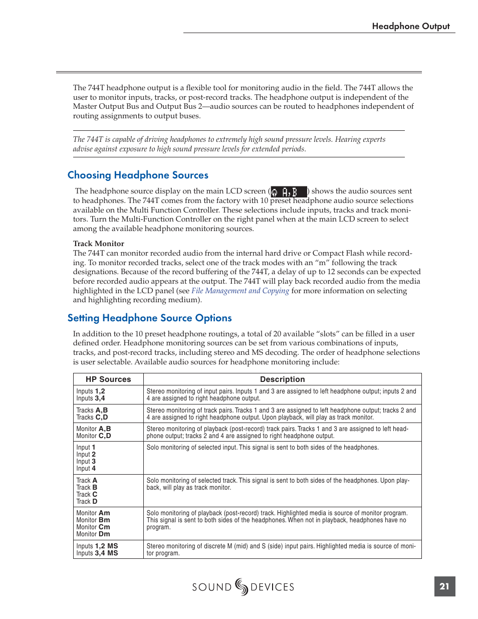 Headphone output, Choosing headphone sources, Setting headphone source options | Panasonic 744T User Manual | Page 23 / 64