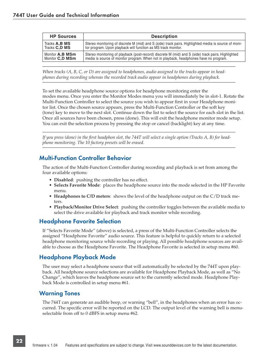 Multi-function controller behavior, Headphone favorite selection, Headphone playback mode | Warning tones | Panasonic 744T User Manual | Page 24 / 64