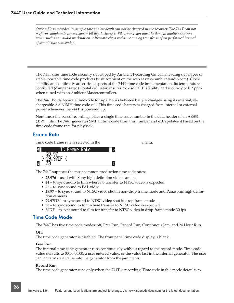 Time code, Frame rate, Time code mode | Panasonic 744T User Manual | Page 28 / 64