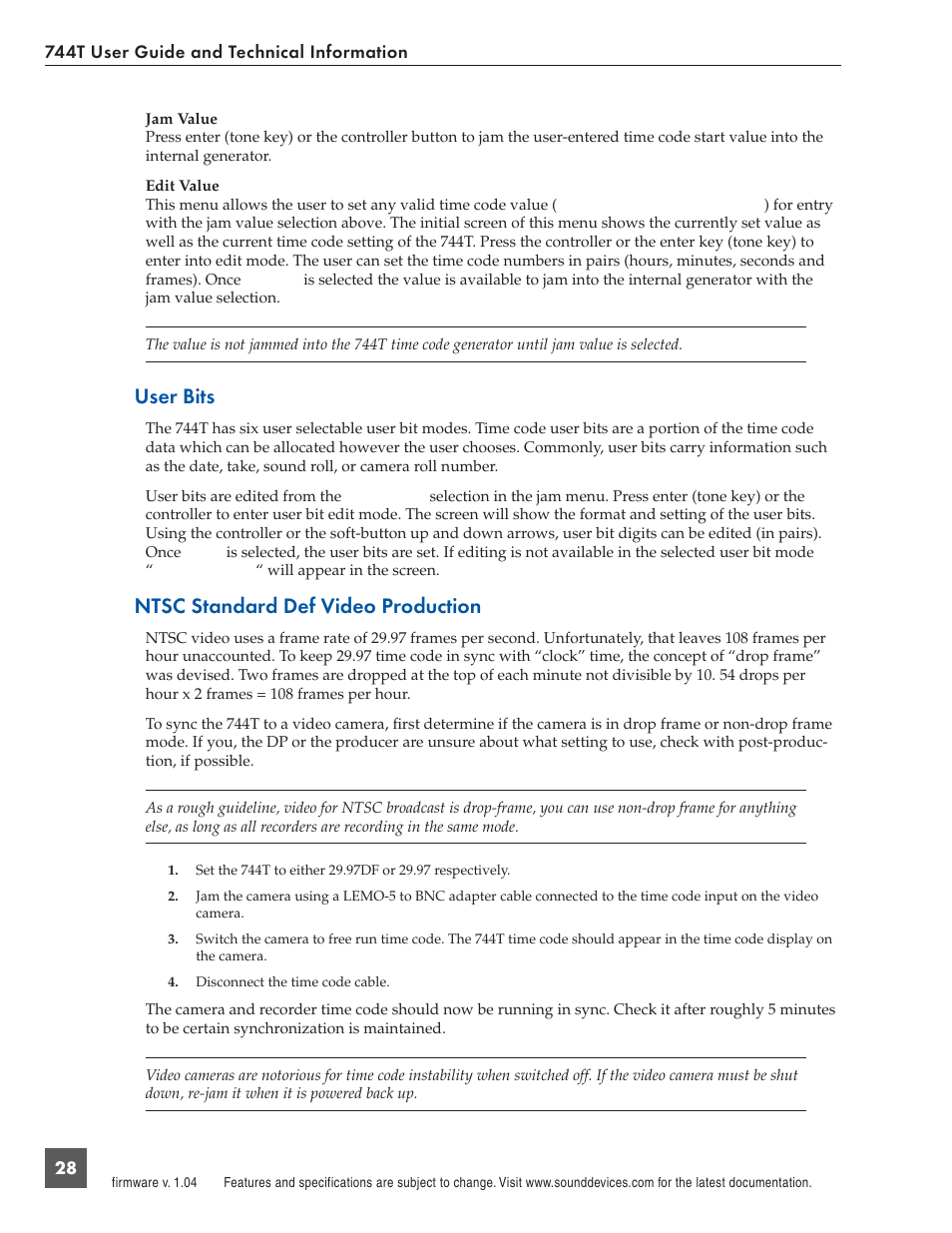 User bits, Ntsc standard def video production | Panasonic 744T User Manual | Page 30 / 64