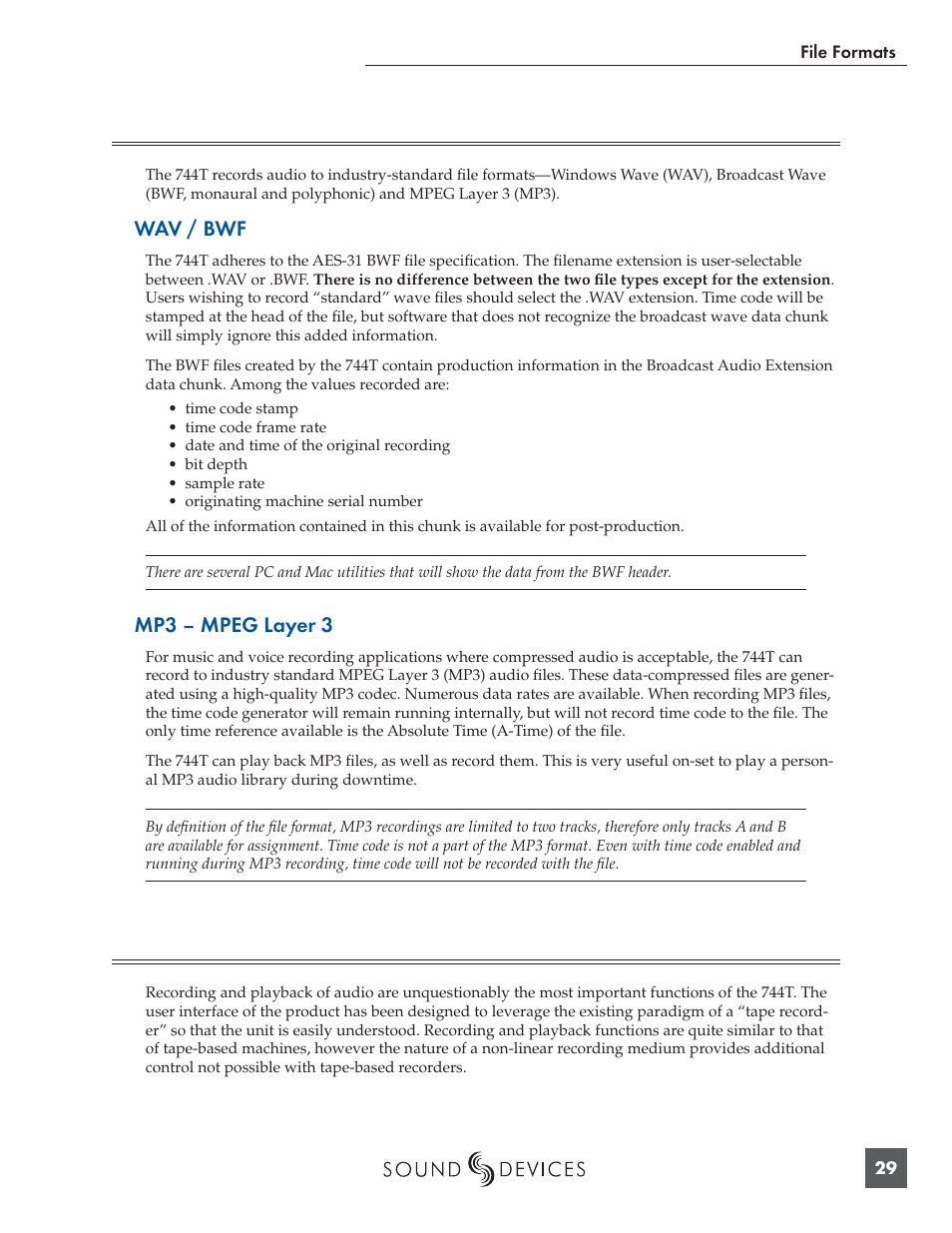 Audio file formats, Recording and playback | Panasonic 744T User Manual | Page 31 / 64