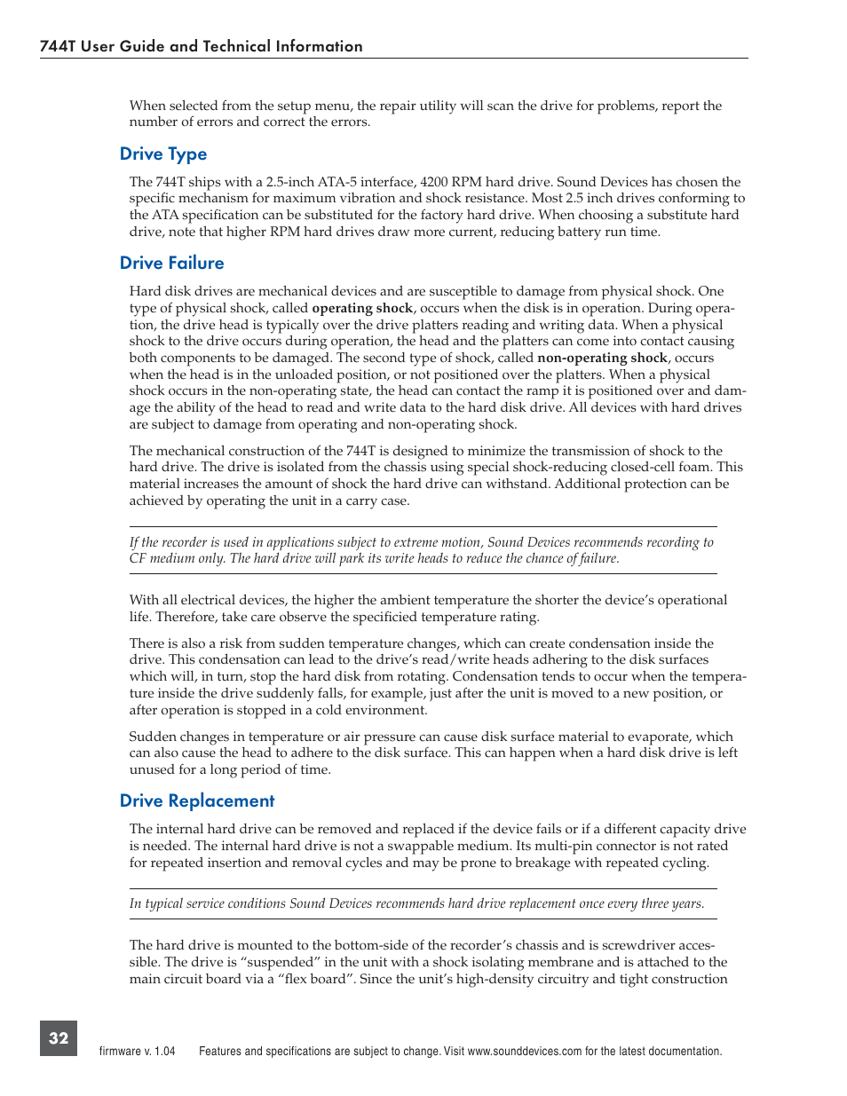 Drive type, Drive failure, Drive replacement | Panasonic 744T User Manual | Page 34 / 64