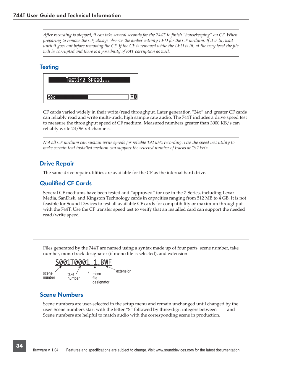 File naming / numbering, Testing, Drive repair | Qualiﬁ ed cf cards, Scene numbers | Panasonic 744T User Manual | Page 36 / 64