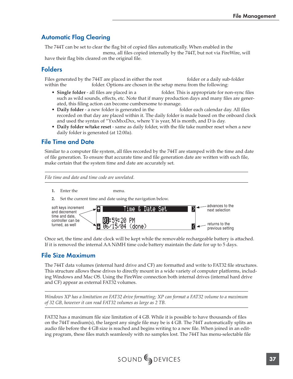 Automatic flag clearing, Folders, File time and date | File size maximum | Panasonic 744T User Manual | Page 39 / 64