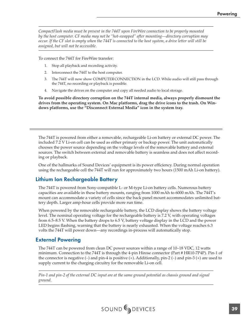 Powering, Lithium ion rechargeable battery, External powering | Panasonic 744T User Manual | Page 41 / 64