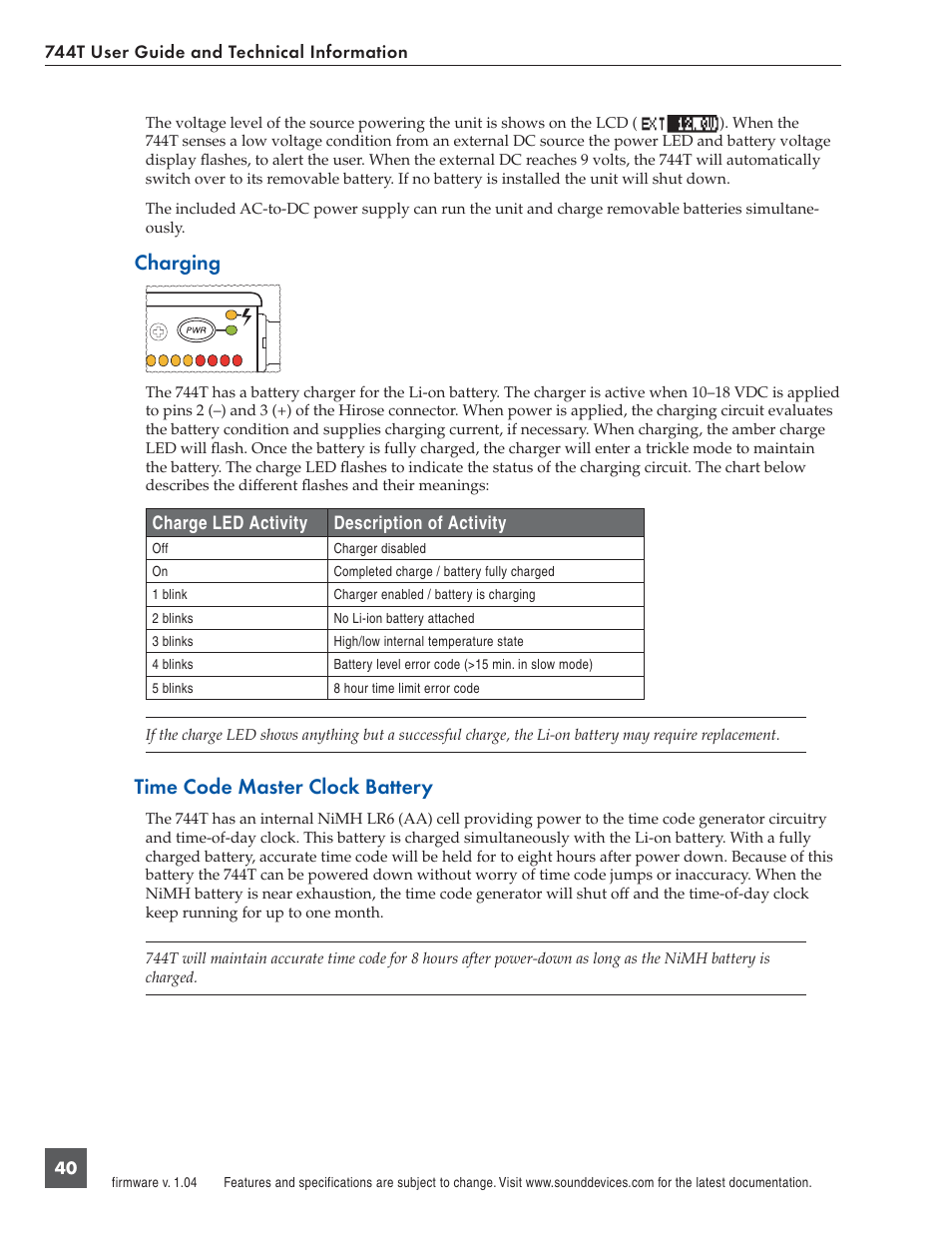 Charging, Time code master clock battery | Panasonic 744T User Manual | Page 42 / 64