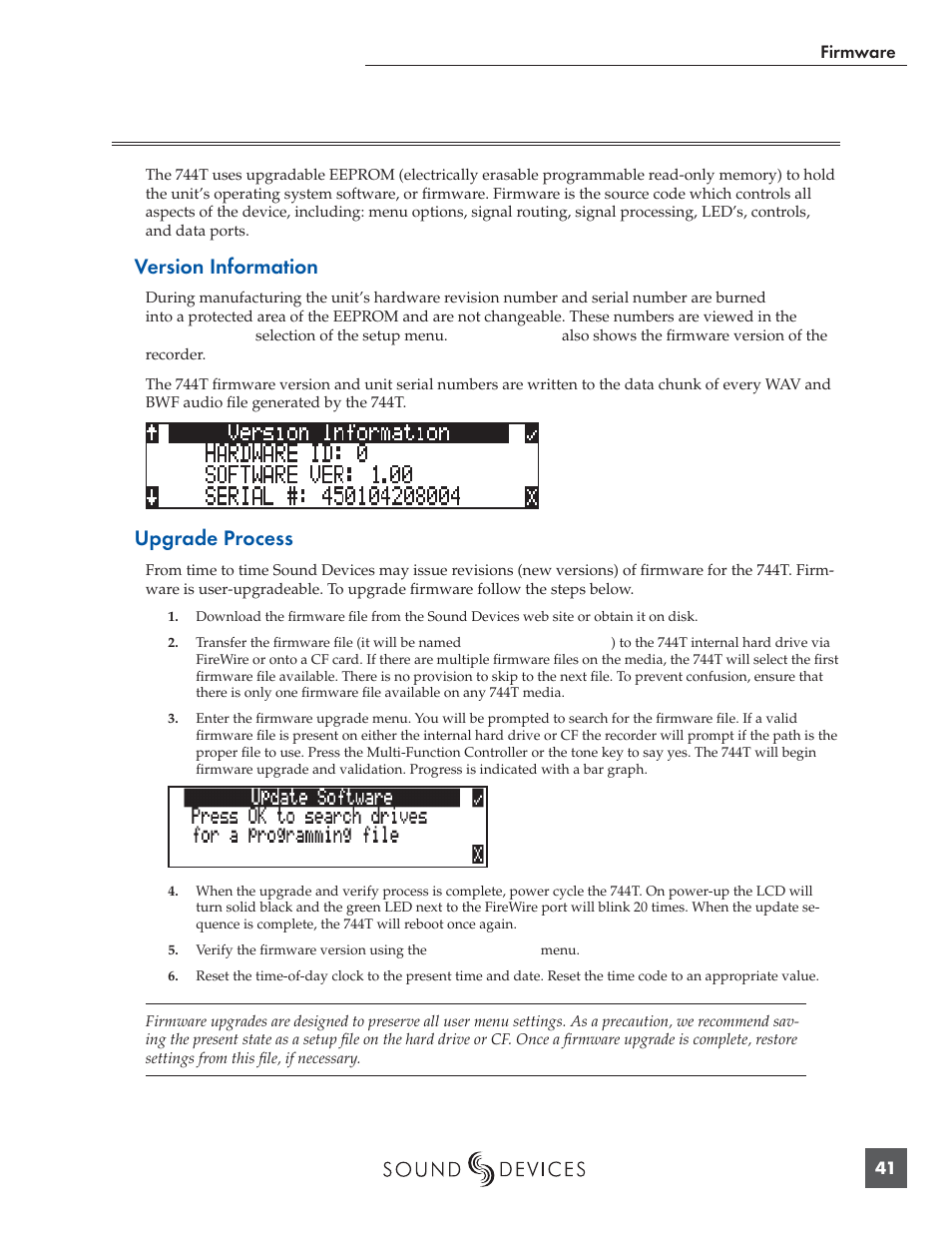 Firmware upgrades, Version information, Upgrade process | Panasonic 744T User Manual | Page 43 / 64