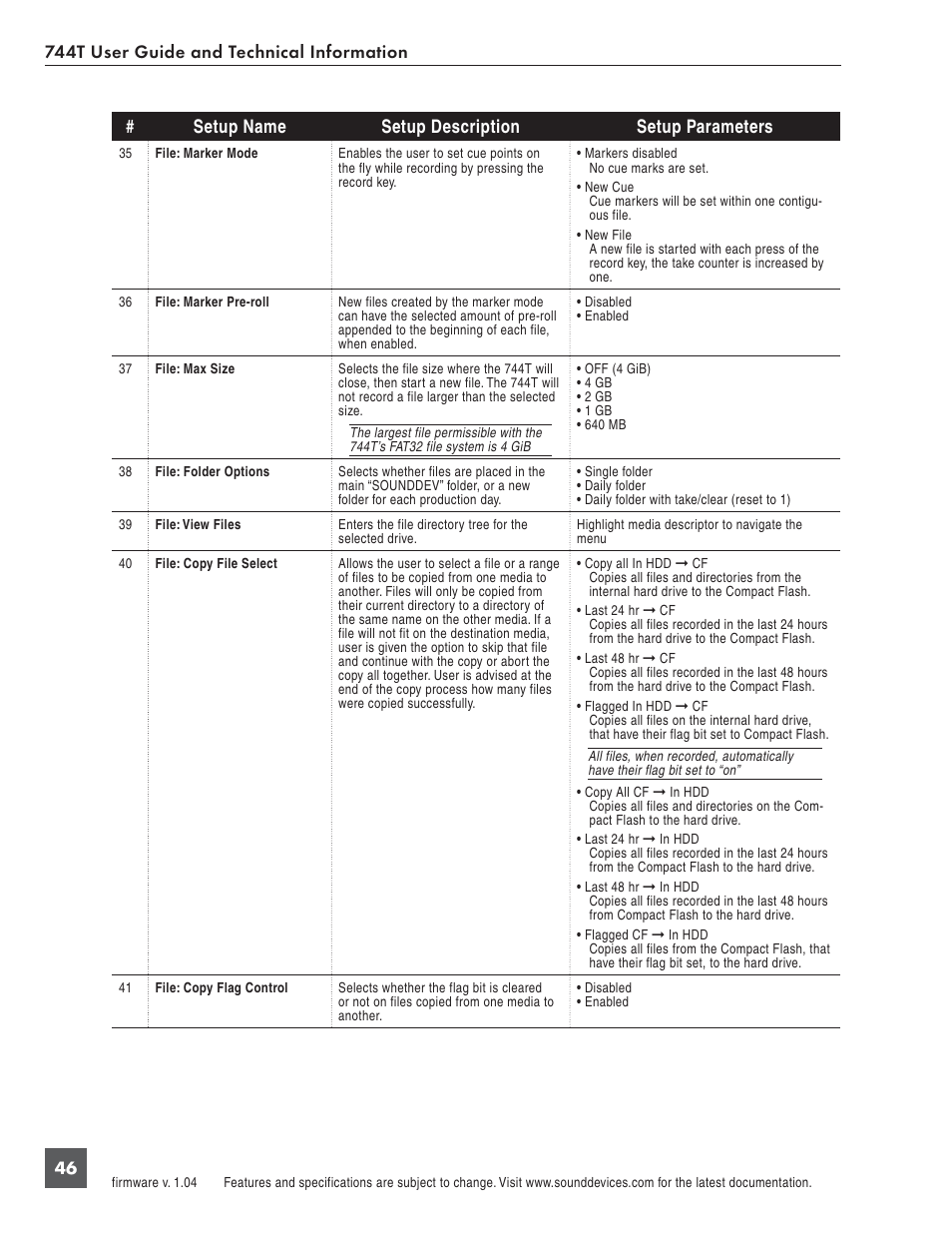 Setup name setup description setup parameters | Panasonic 744T User Manual | Page 48 / 64