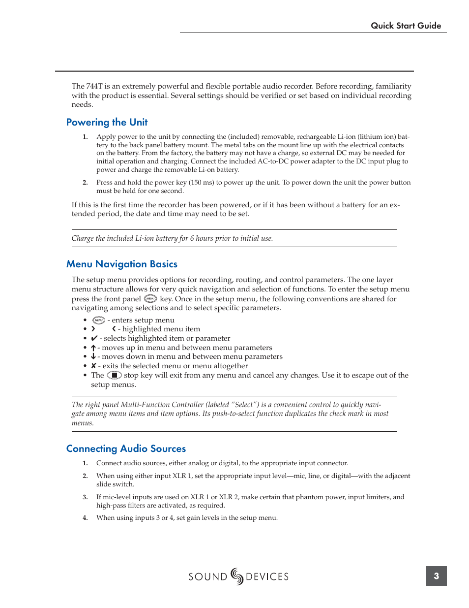 Quick start guide, Powering the unit, Menu navigation basics | Connecting audio sources | Panasonic 744T User Manual | Page 5 / 64