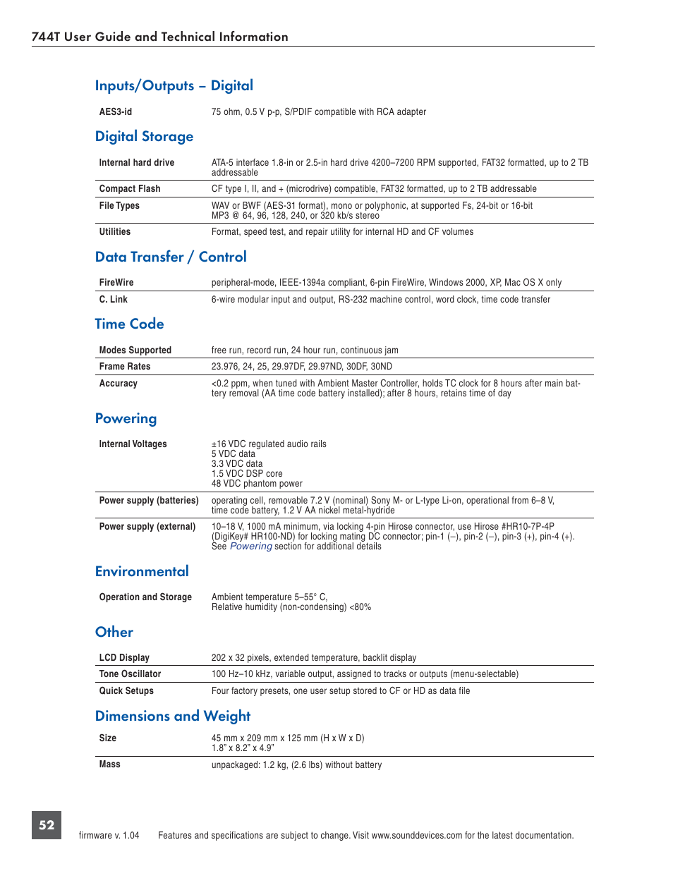 Inputs/outputs – digital, Digital storage, Data transfer / control | Time code, Powering, Environmental, Other, Dimensions and weight | Panasonic 744T User Manual | Page 54 / 64