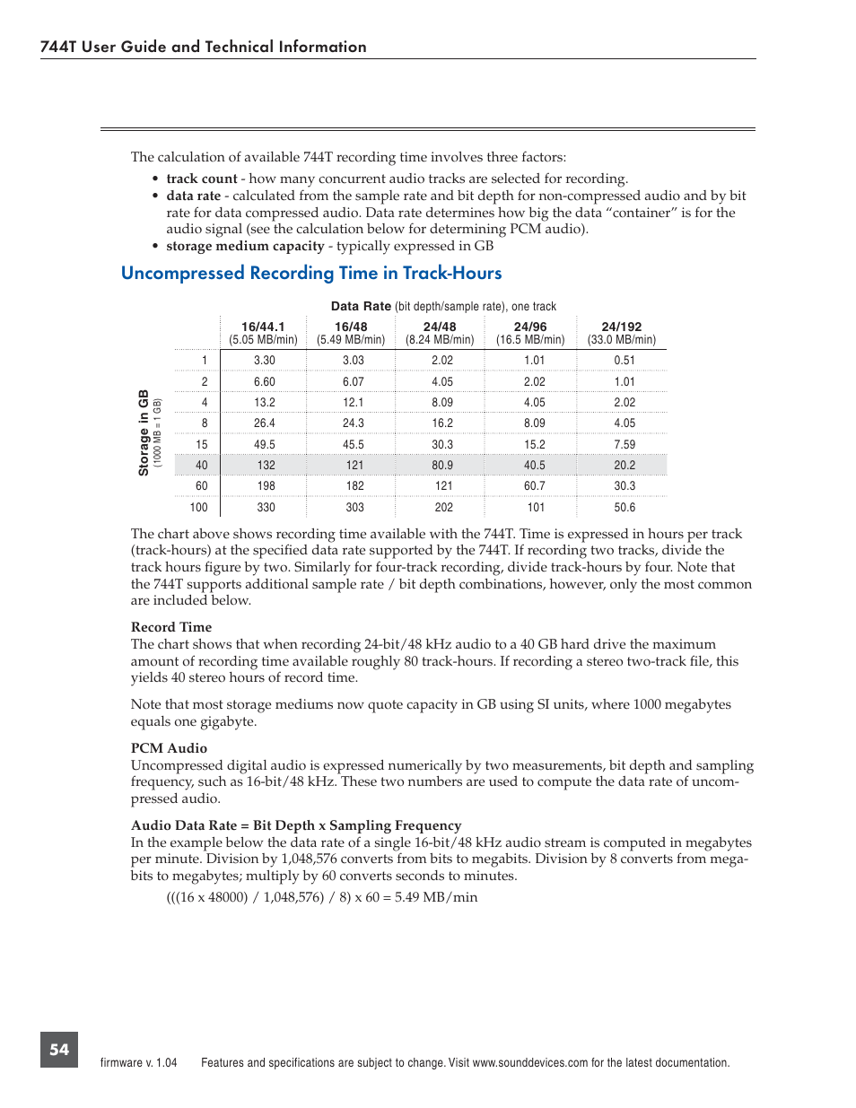 Recording time calculation, Uncompressed recording time in track-hours | Panasonic 744T User Manual | Page 56 / 64