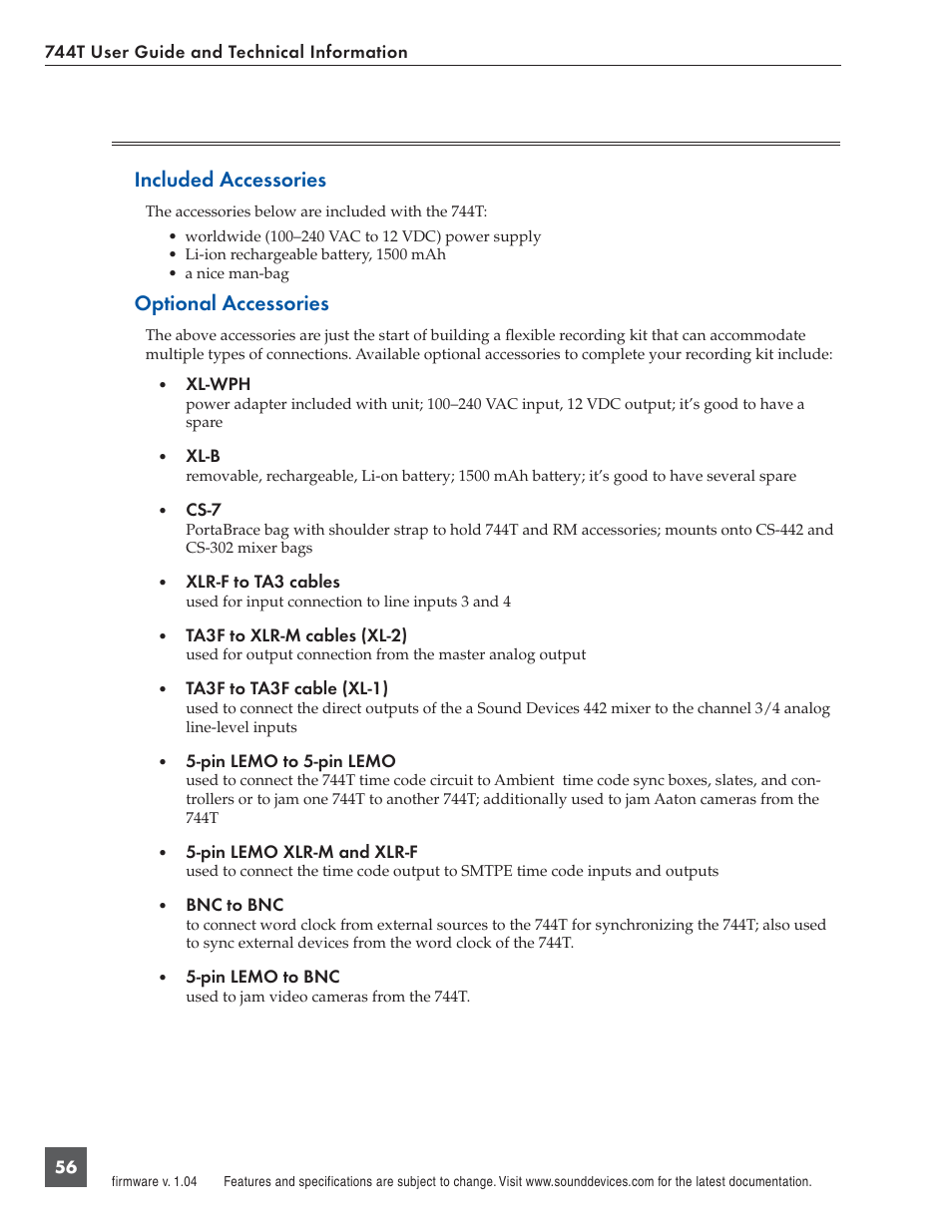 Accessories, Included accessories, Optional accessories | Panasonic 744T User Manual | Page 58 / 64