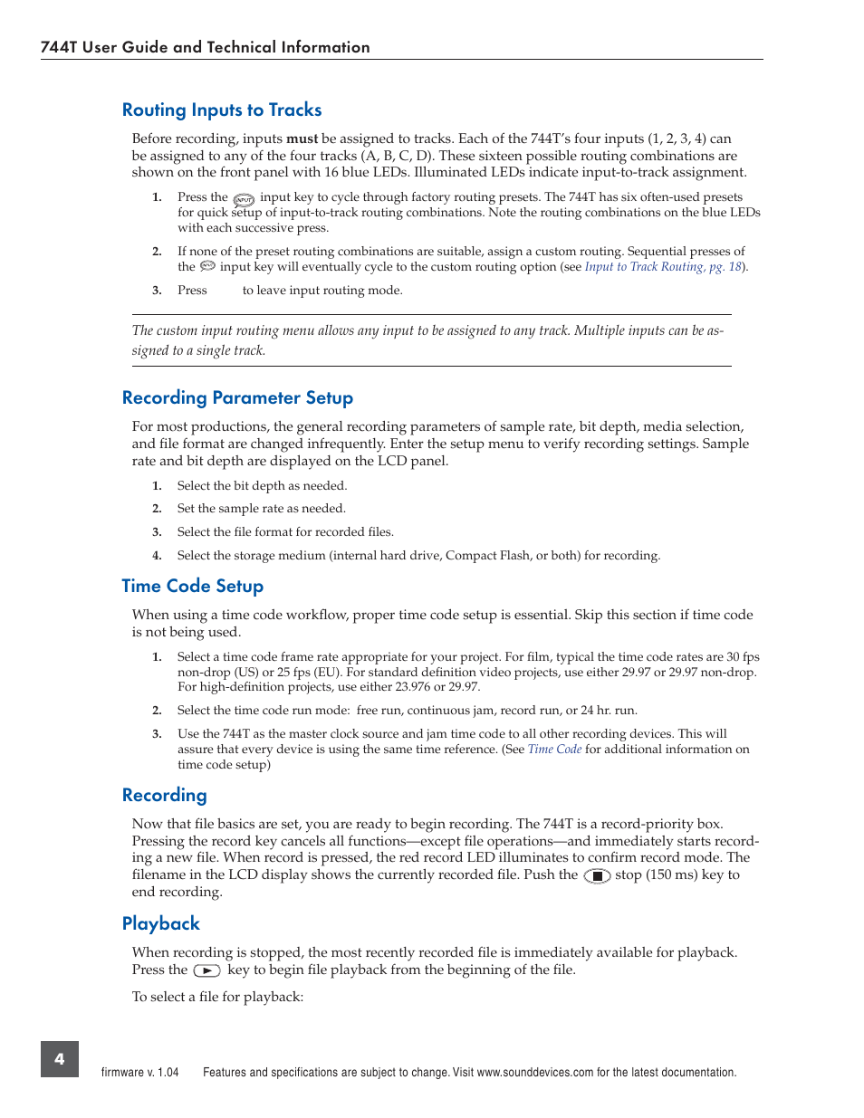 Routing inputs to tracks, Recording parameter setup, Time code setup | Recording, Playback | Panasonic 744T User Manual | Page 6 / 64