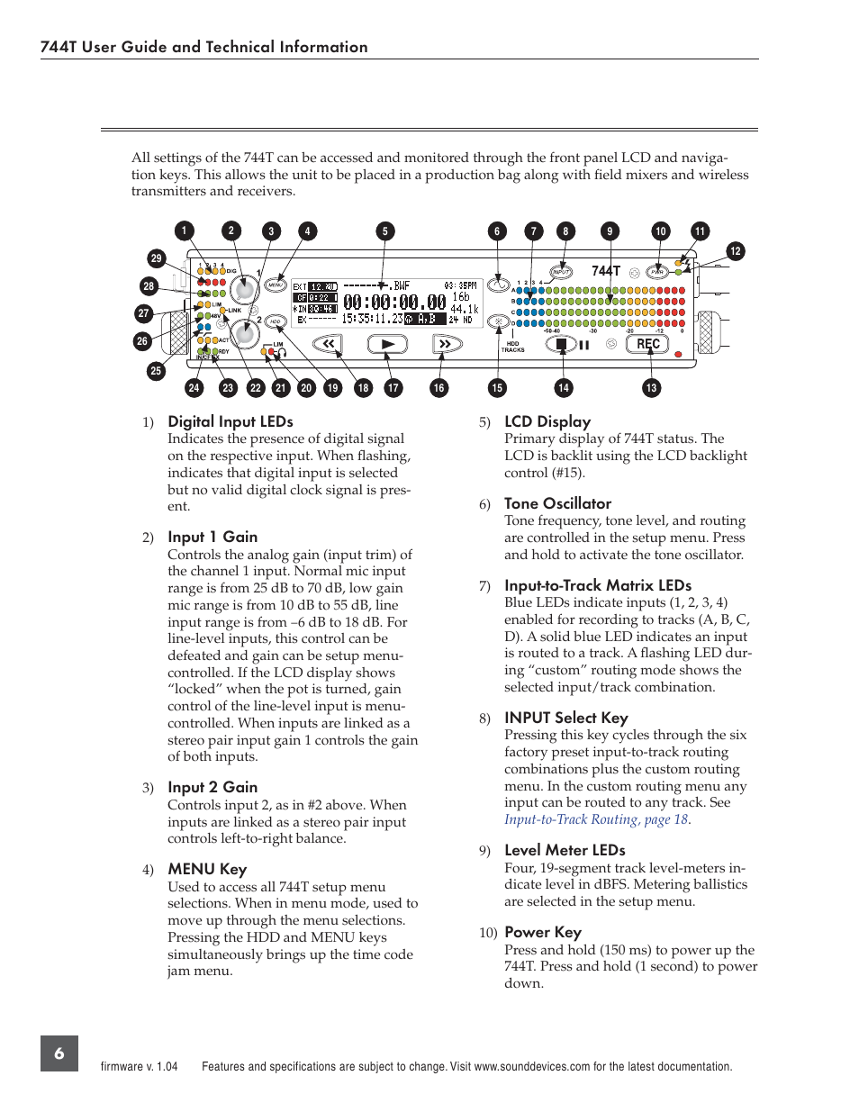 Front panel descriptions, 744t user guide and technical information 6, Digital input leds | Input 1 gain, Input 2 gain, Menu key, Lcd display, Tone oscillator, Input-to-track matrix leds, Input select key | Panasonic 744T User Manual | Page 8 / 64