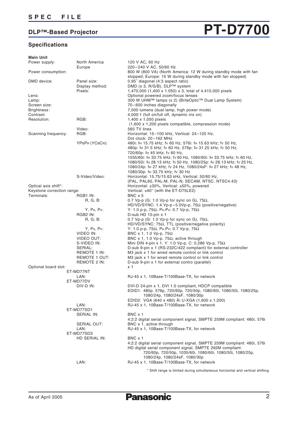 Specifications - 1, Pt-d7700, Specifications | Panasonic PT-D7700 User Manual | Page 2 / 6