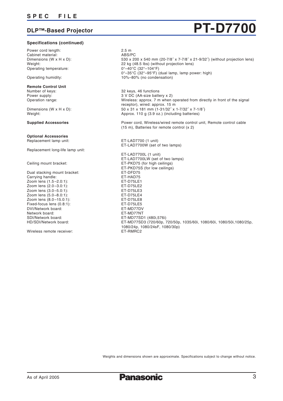 Specifications - 2, Pt-d7700 | Panasonic PT-D7700 User Manual | Page 3 / 6