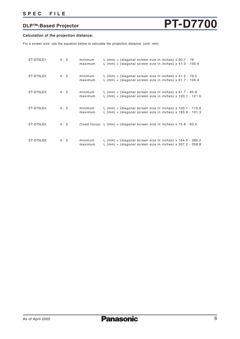 Calculation formula, Pt-d7700 | Panasonic PT-D7700 User Manual | Page 6 / 6