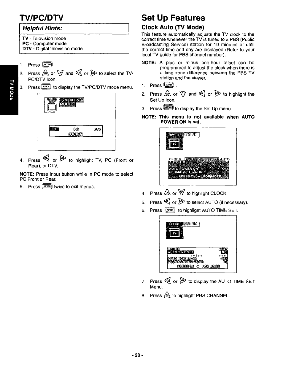 Clock auto (tv mode), Tv/pc/dtv, Set up features | Panasonic CT-3696VY-1 User Manual | Page 20 / 52