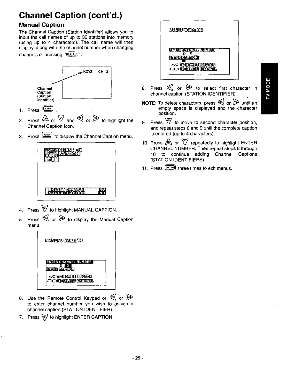 Channel caption (cont’d.), Manual caption | Panasonic CT-3696VY-1 User Manual | Page 29 / 52