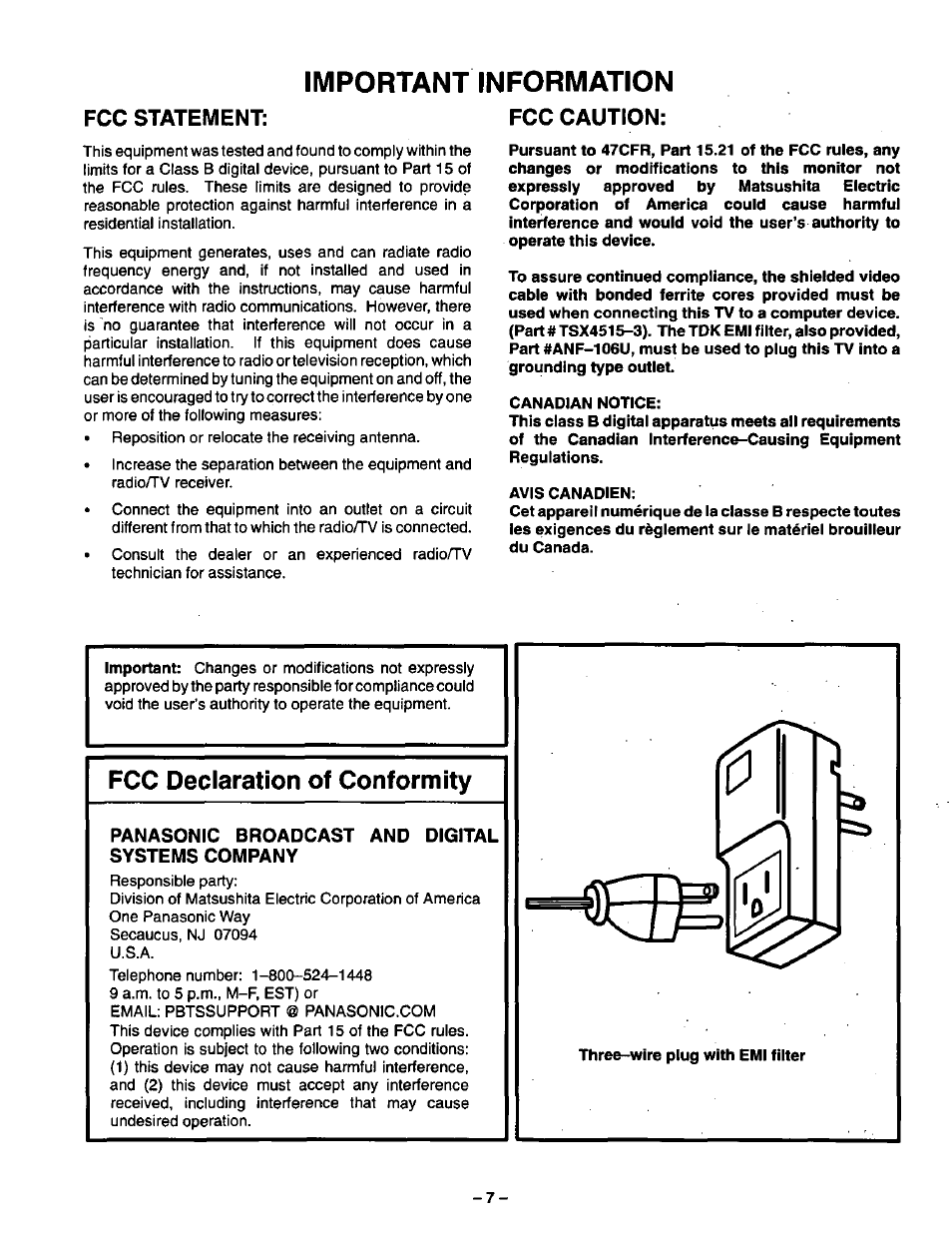 Important information, Fcc caution, Canadian notice | Avis canadien, Fcc declaration of conformity, Fcc statement | Panasonic CT-3696VY-1 User Manual | Page 7 / 52